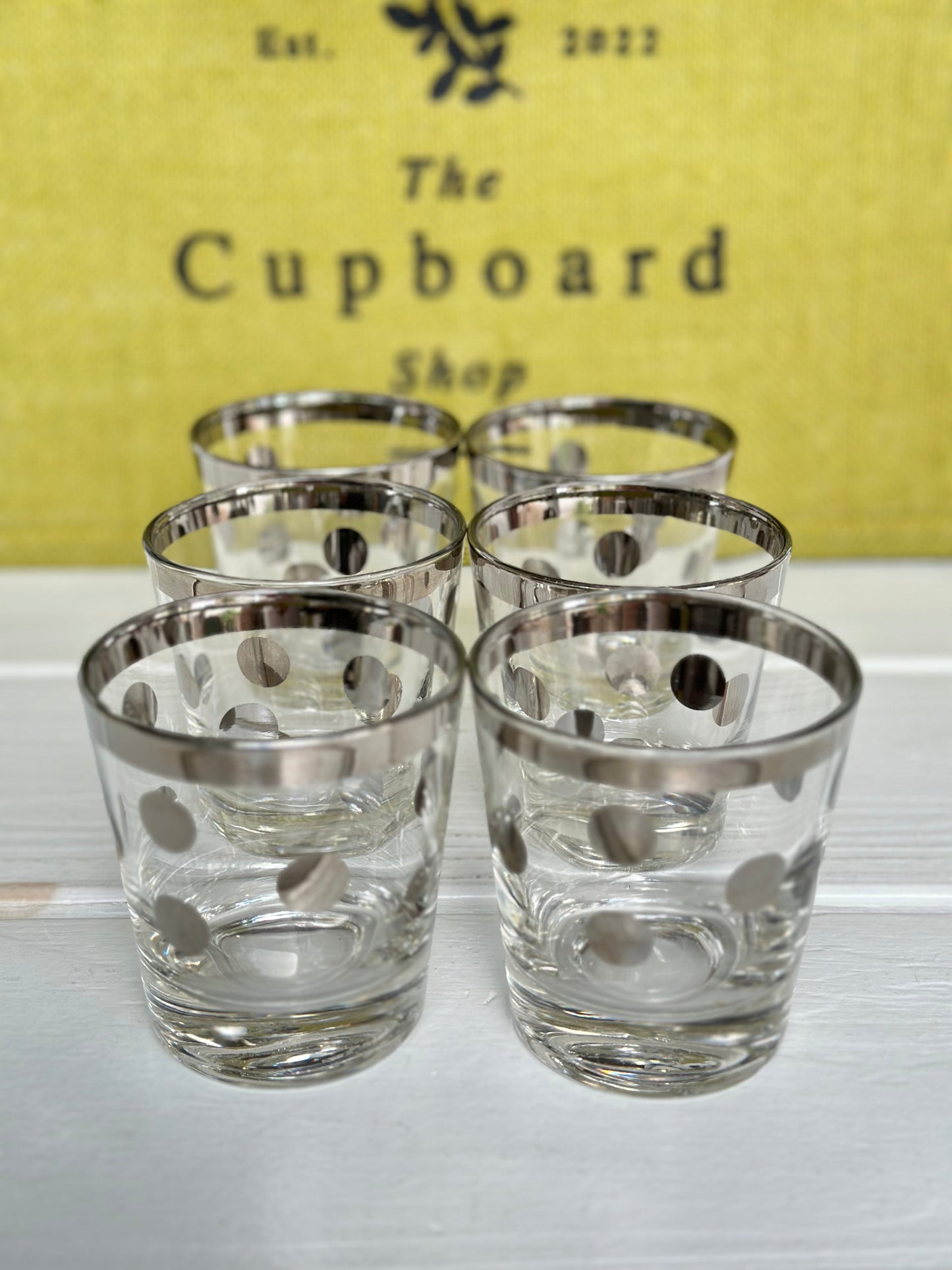 Set of 6, Vintage MCM Dorothy Thorpe Silver Rim Polka Dot Old Fashioned Rock Glasses 6 oz