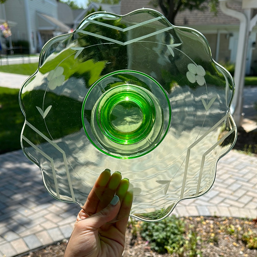 Vintage Uranium Cake Stand w/ Etched Flowers