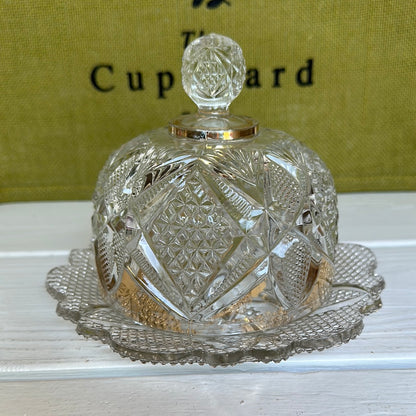 Vintage Cut Glass Gold & Clear Glass Dome Butter Dish