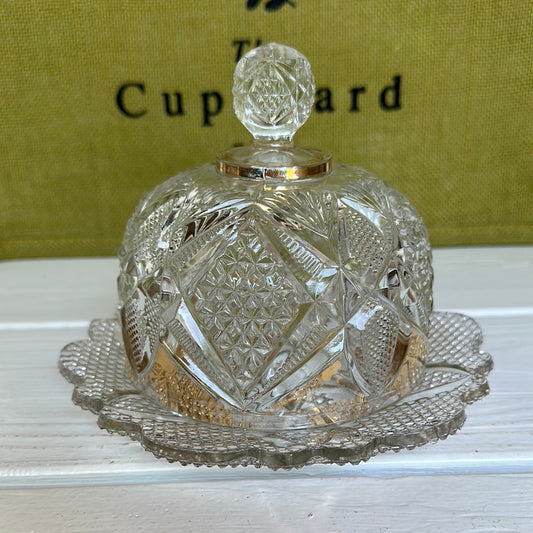 Vintage Cut Glass Gold & Clear Glass Dome Butter Dish