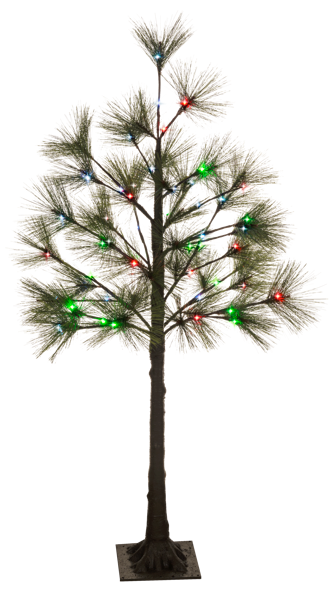 Five foot sparse pine tree on a black stand strung with twinkling red and green lights