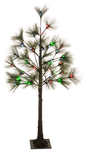Five foot sparse pine tree on a black stand strung with twinkling red and green lights