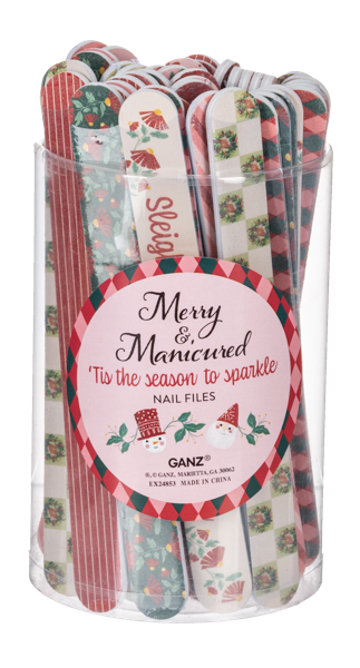 Holiday printed emery boards standing upright in a clear Merry and Manicured canister