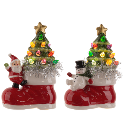 LED Light Up Santa & Snowman w/Tree in Boot Figurine