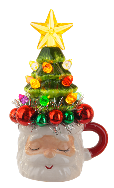 LED Light Up Santa Head in Mug w/Tree Figurine