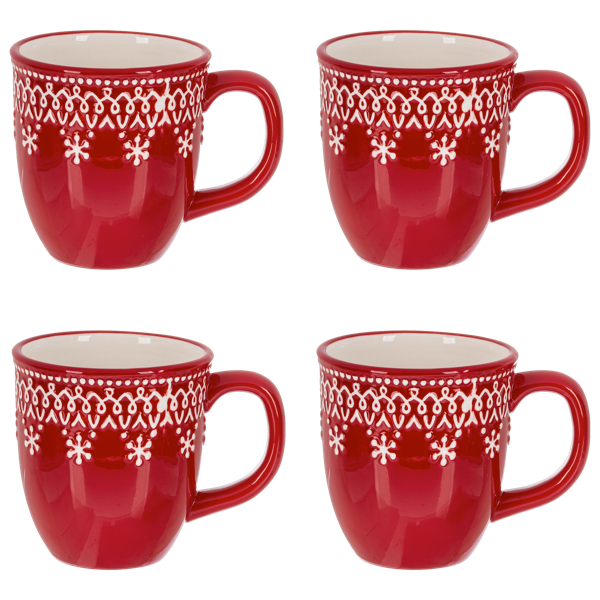 Deep red dolomite mug banded with raised white snowflakes and Nordic stitching