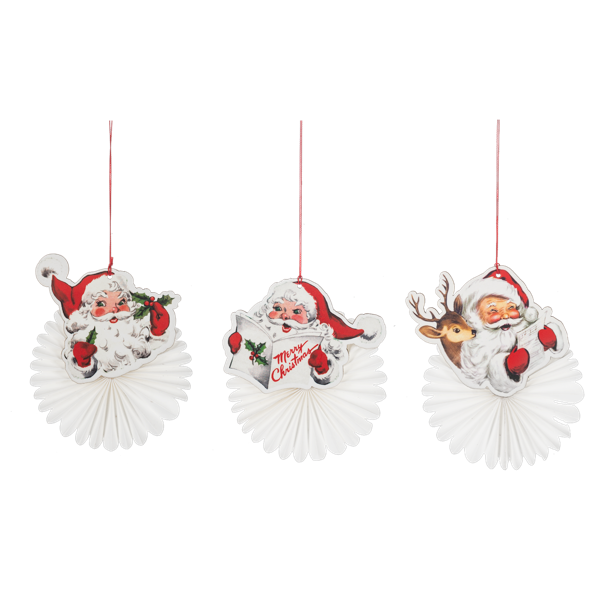 Vintage die-cut Santa face mounted on a pleated white paper fan with red string