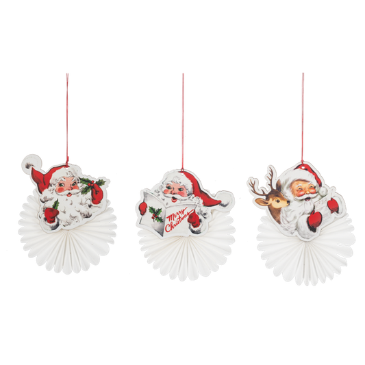 Vintage die-cut Santa face mounted on a pleated white paper fan with red string