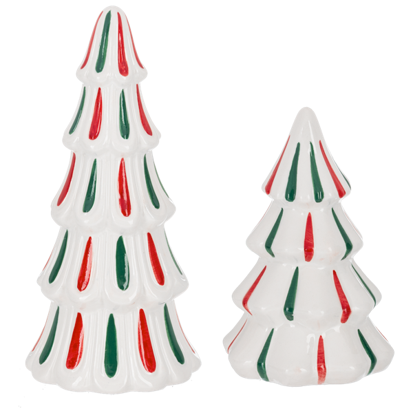 Two glossy white dolomite trees striped in red and green ribbon candy, different heights