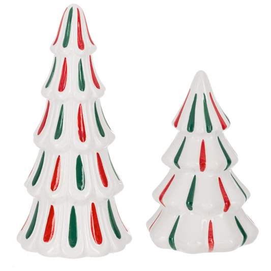 Two glossy white dolomite trees striped in red and green ribbon candy, different heights