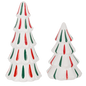 Two glossy white dolomite trees striped in red and green ribbon candy, different heights