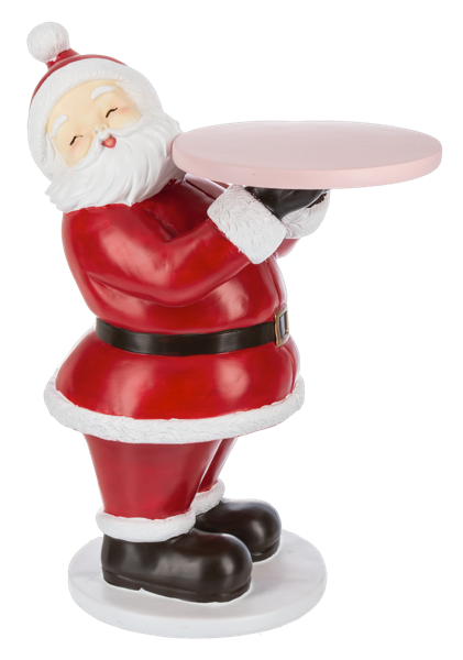 Resin Santa in a red suit bowing forward while holding out a round serving tray