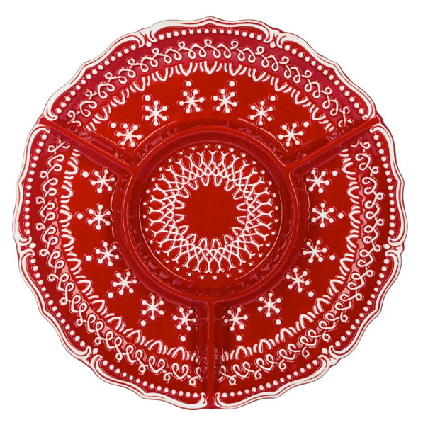 Round red dolomite server with white Nordic lace relief, four sections and a centre well
