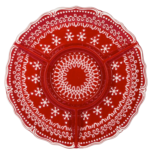 Round red dolomite server with white Nordic lace relief, four sections and a centre well