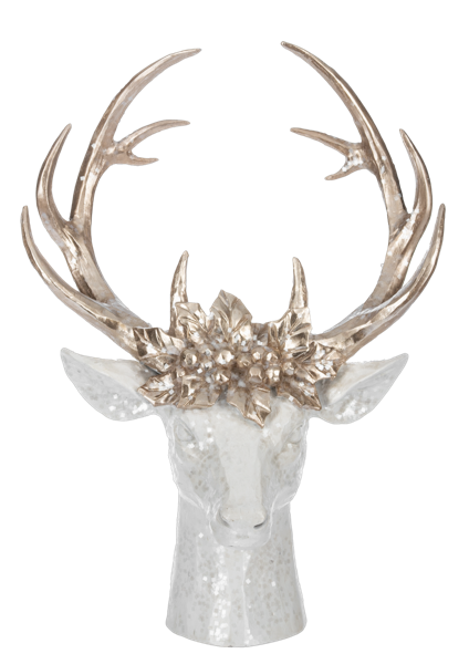 Mercury silver resin stag bust with tall antlers and a crown of sculpted flowers
