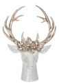 Mercury silver resin stag bust with tall antlers and a crown of sculpted flowers