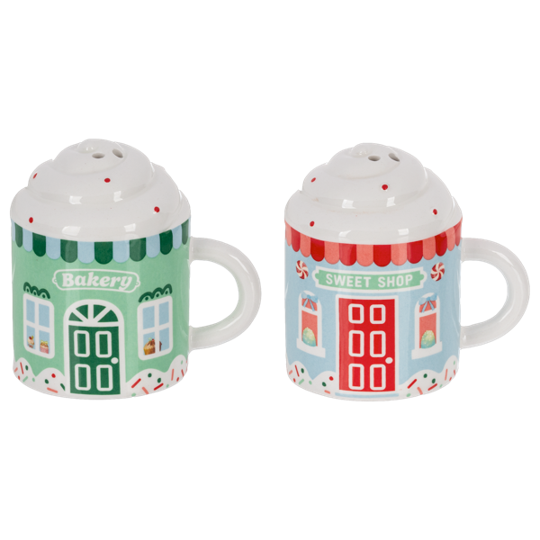 Two ceramic mug shaped shakers painted as a green Bakery and a red Sweet Shop