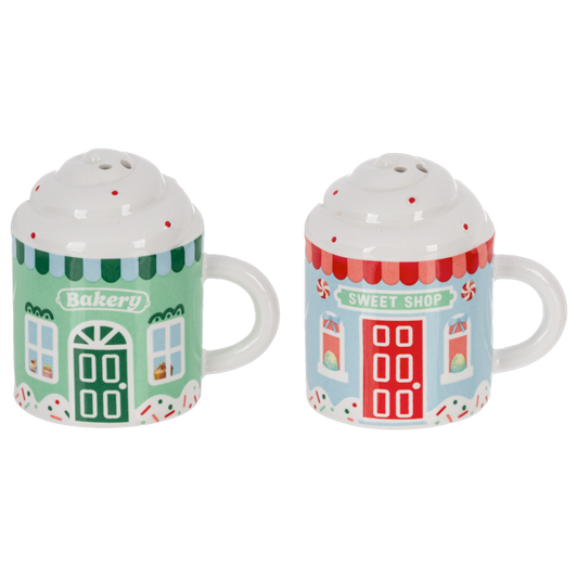 Two ceramic mug shaped shakers painted as a green Bakery and a red Sweet Shop