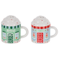 Two ceramic mug shaped shakers painted as a green Bakery and a red Sweet Shop