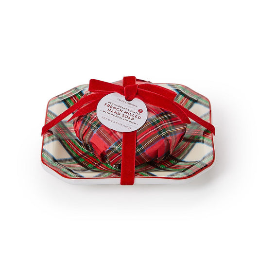 Tartan red currant French milled soap gift set tied with red velvet ribbon on a plaid porcelain tray