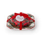 Tartan red currant French milled soap gift set tied with red velvet ribbon on a plaid porcelain tray