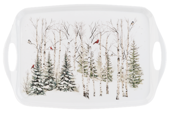 Rectangular melamine tray with cut-out handles showing a snowy birch forest and cardinals