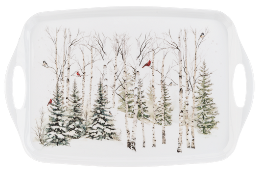 Rectangular melamine tray with cut-out handles showing a snowy birch forest and cardinals
