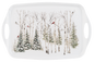 Rectangular melamine tray with cut-out handles showing a snowy birch forest and cardinals