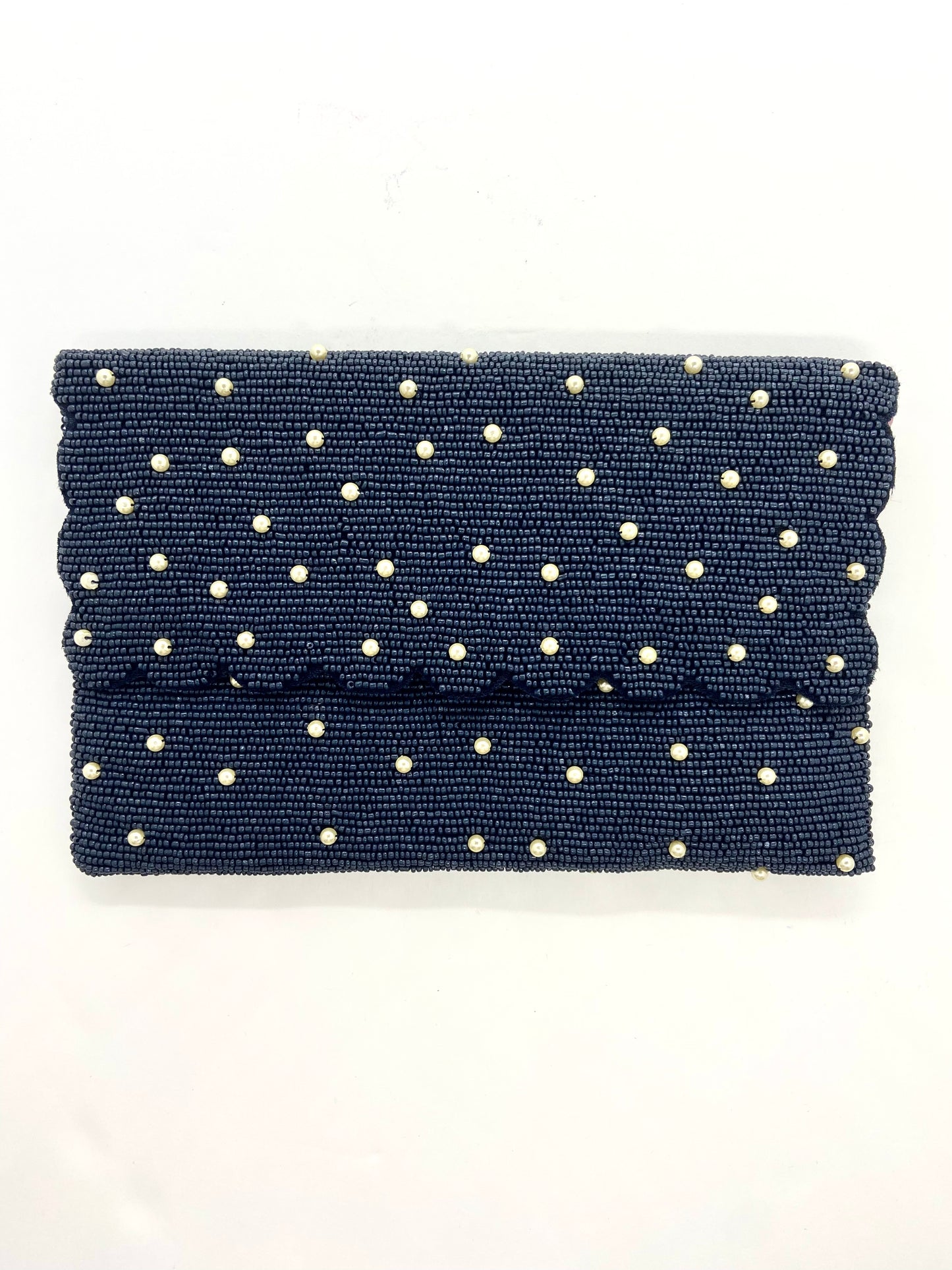 Handmade Beaded Navy Scalloped Clutch With Pearls