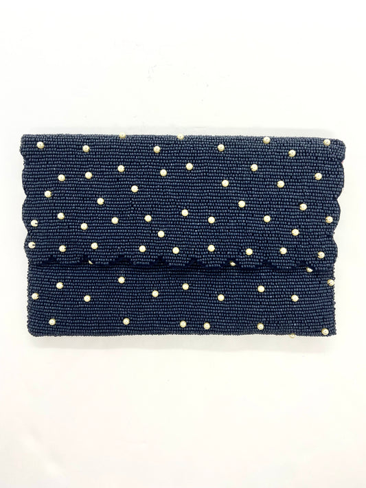 Handmade Beaded Navy Scalloped Clutch With Pearls