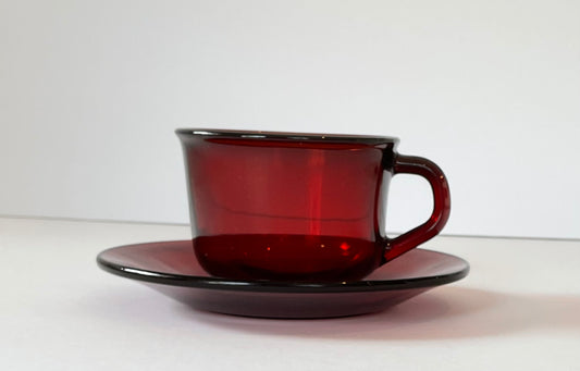Set of 6 Anchor Hocking Ruby Red Teacups and Saucers