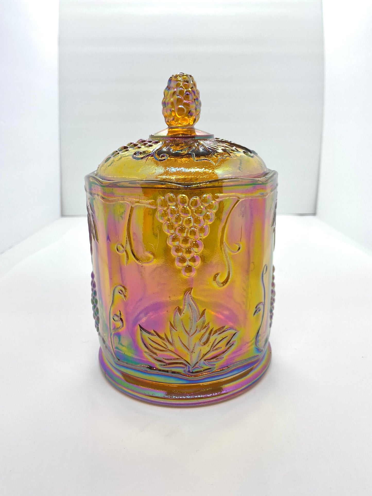 Vintage Indiana Grape Panel Marigold Carnival Glass Canister with Lid