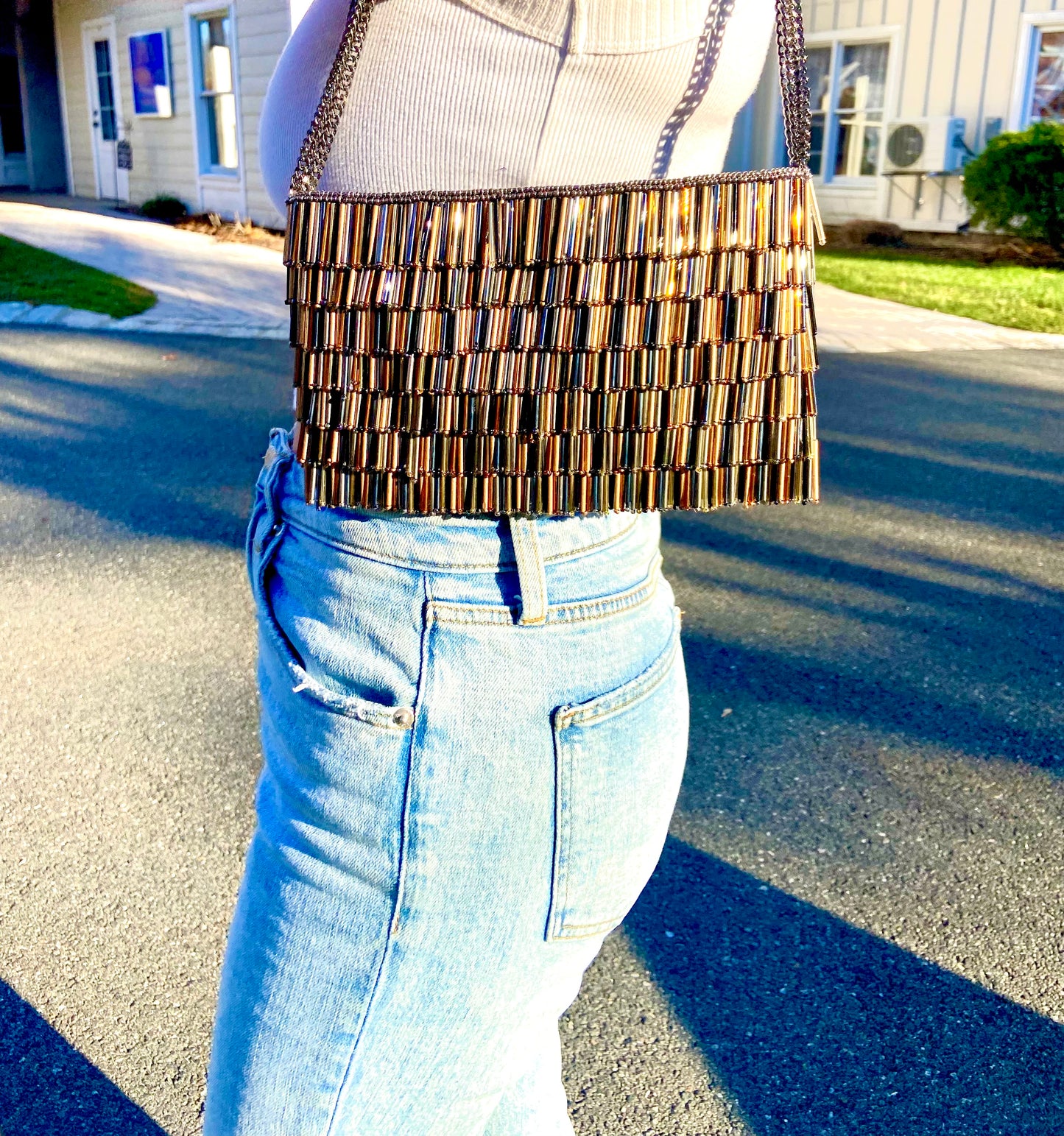 Metallic Metal Fringe Handbag