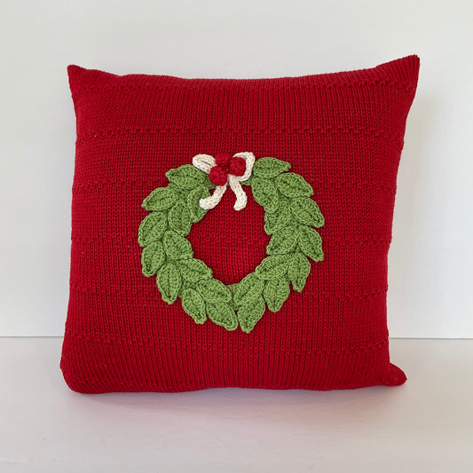 10" Green with Red Wreath Pillow with Filler