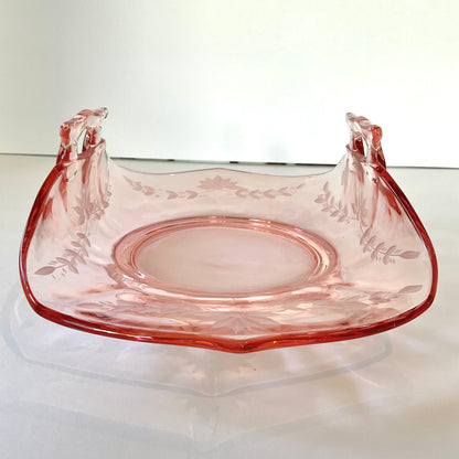 Vintage Pink Etched Depression Glass Serving Platter with Folded Sides