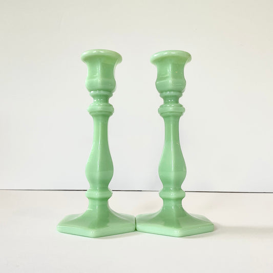 Pair of Mosser Glass 7 1/2" Candlesticks in Jadeite