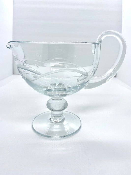 Vintage Glass Mouth Blown Pedestal Etched Creamer/Gravy Boat