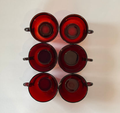 Set of 6 Anchor Hocking Ruby Red Teacups and Saucers