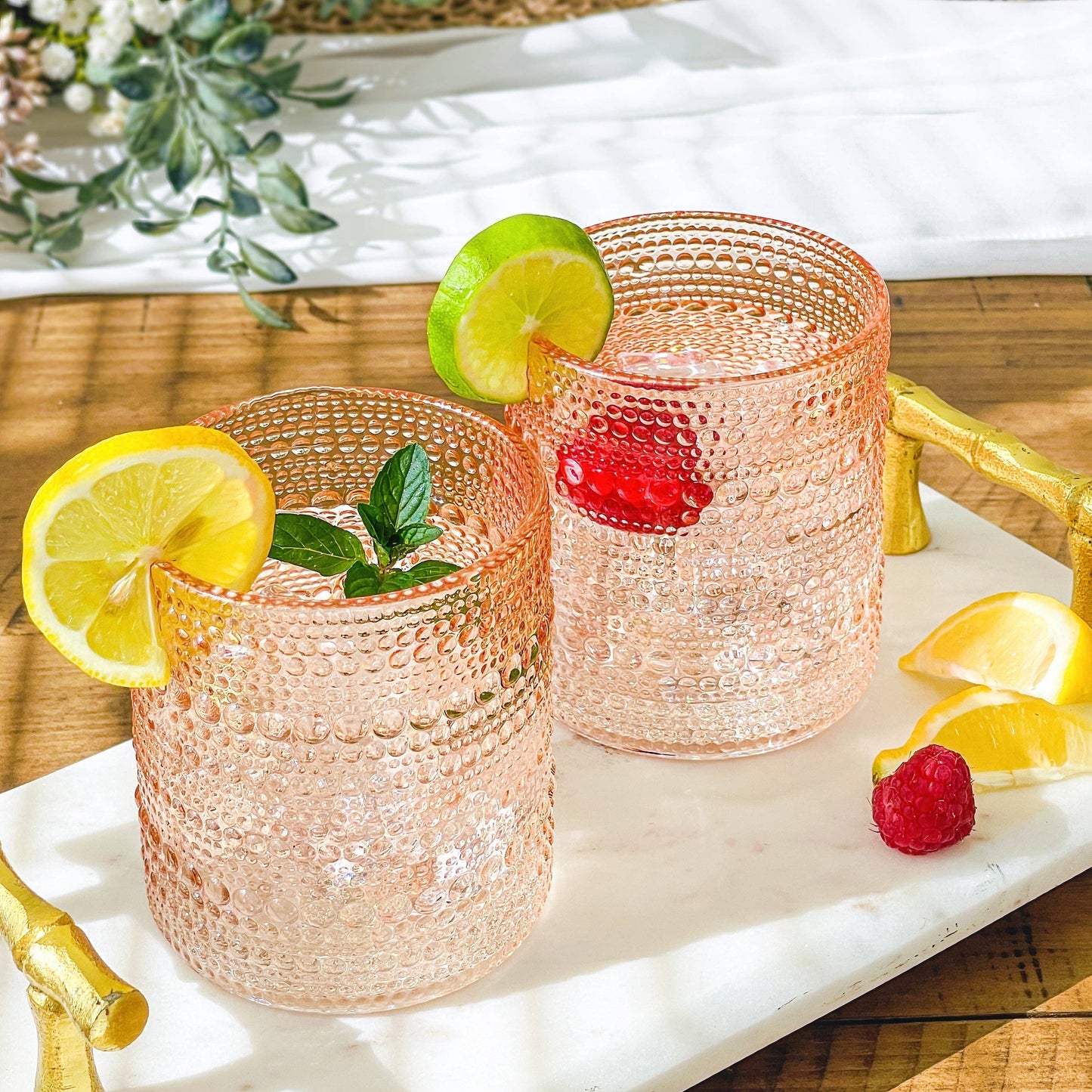 Rose Gold Old Fashion Drinking Glasses, 10 oz. Textured Beaded