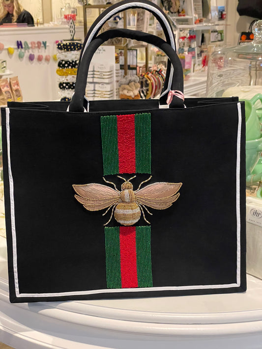 Gold Bee W/ Red & Green Stripe Beaded Large Tote