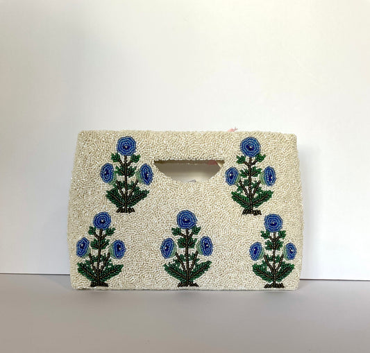Beaded Handle Clutch White with Periwinkle Flowers