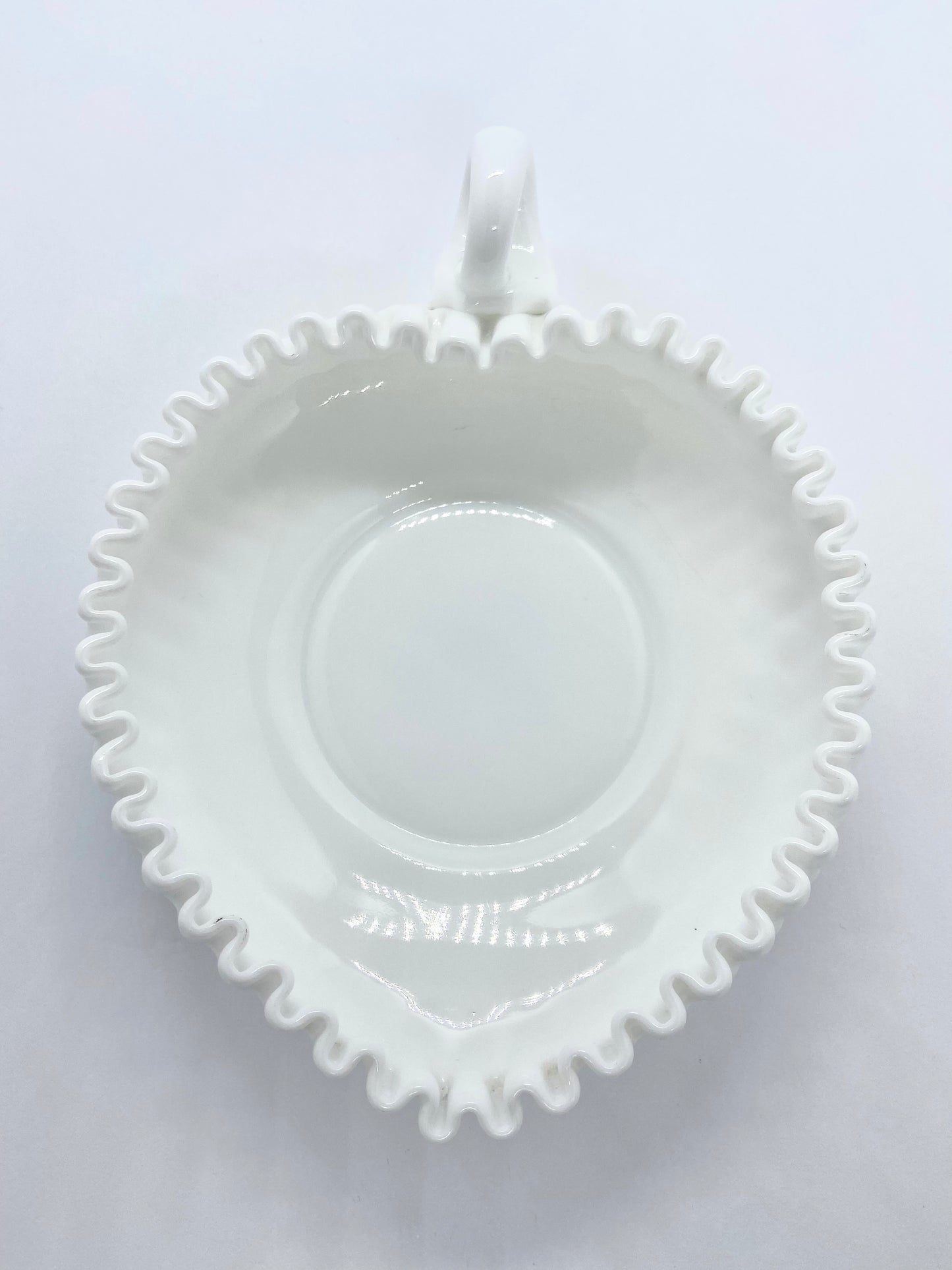 Vintage Fenton White Milk Glass Heart Hobnail Ruffled Edge W/ Handle Candy Dish