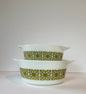 Vintage Pyrex 474 and 475 Cinderella Nesting Bowls, Verde Stamp Program Version