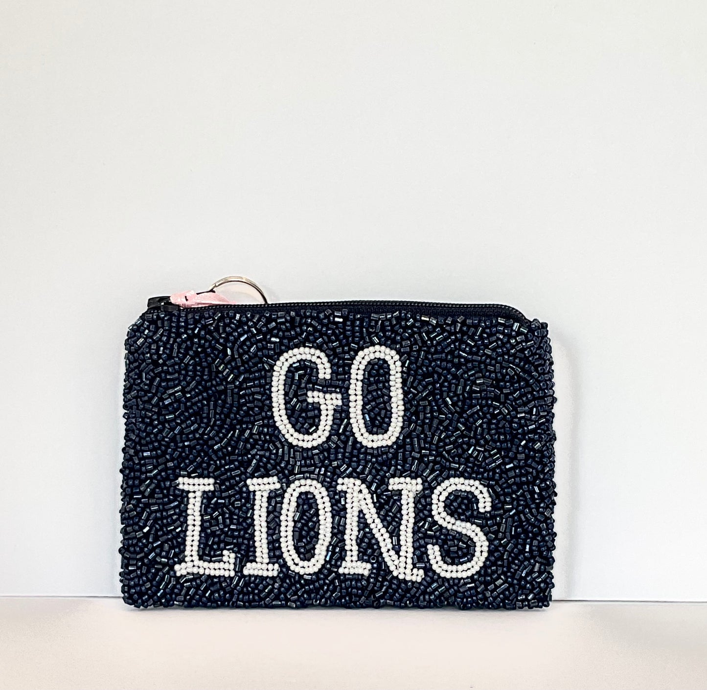Custom Handmade Beaded Coin Purse GO LIONS Blue with white lettering