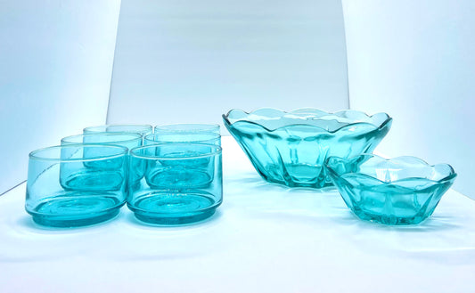 Anchor Hocking Chip ad Dip Bowl Set Aquamarine W/ Short Stack Tumbler, Set of 6