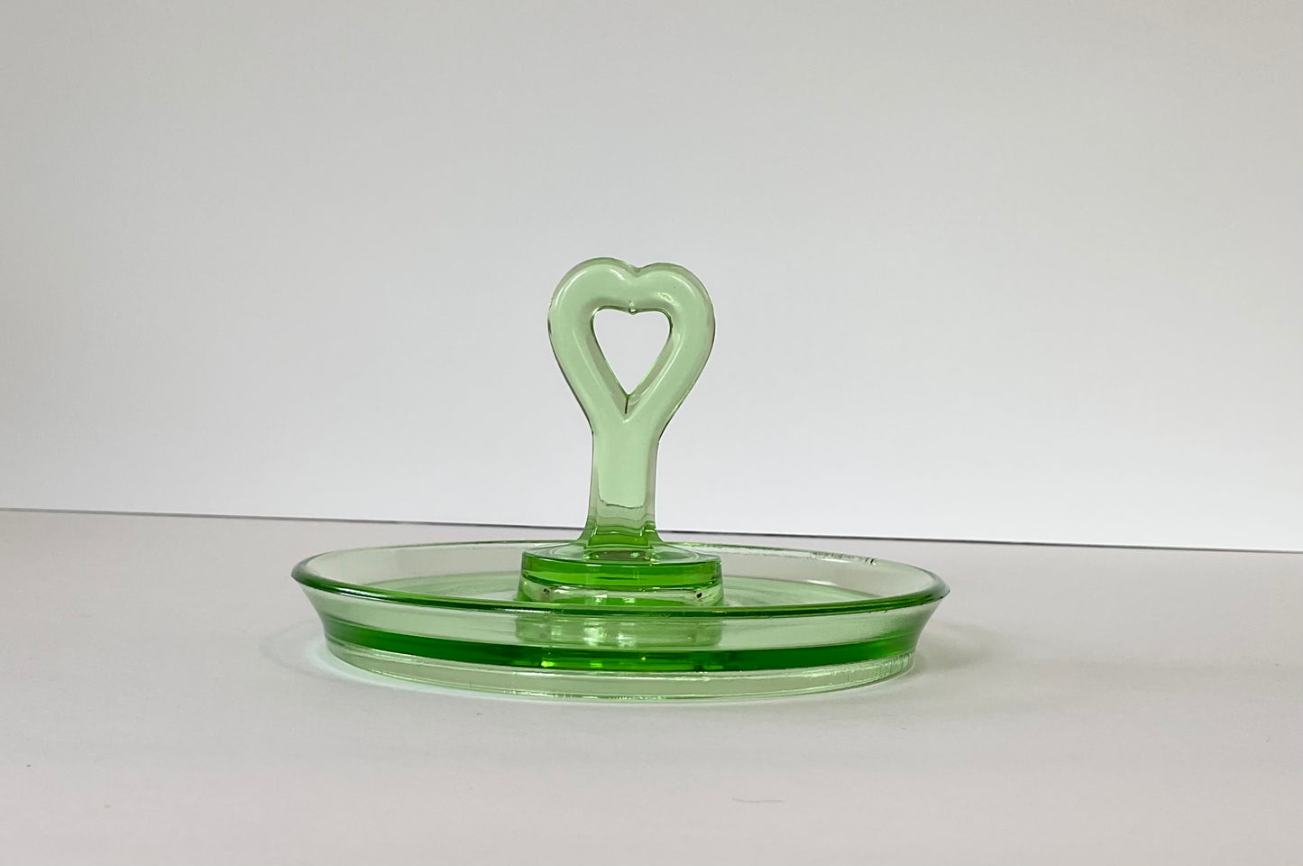 Vintage Uranium Glass Candy Dish with Heart Shaped Handle