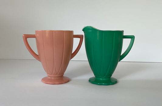 Vintage Hazel Atlas Pastel Pink and Green Platonite Sugar and Creamer