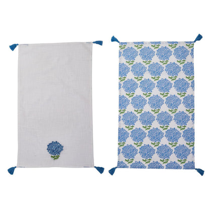 Hydrangea Set of 2 Dish Towels with Decorative Tassels - Cotton