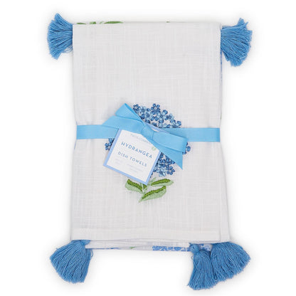 Hydrangea Set of 2 Dish Towels with Decorative Tassels - Cotton