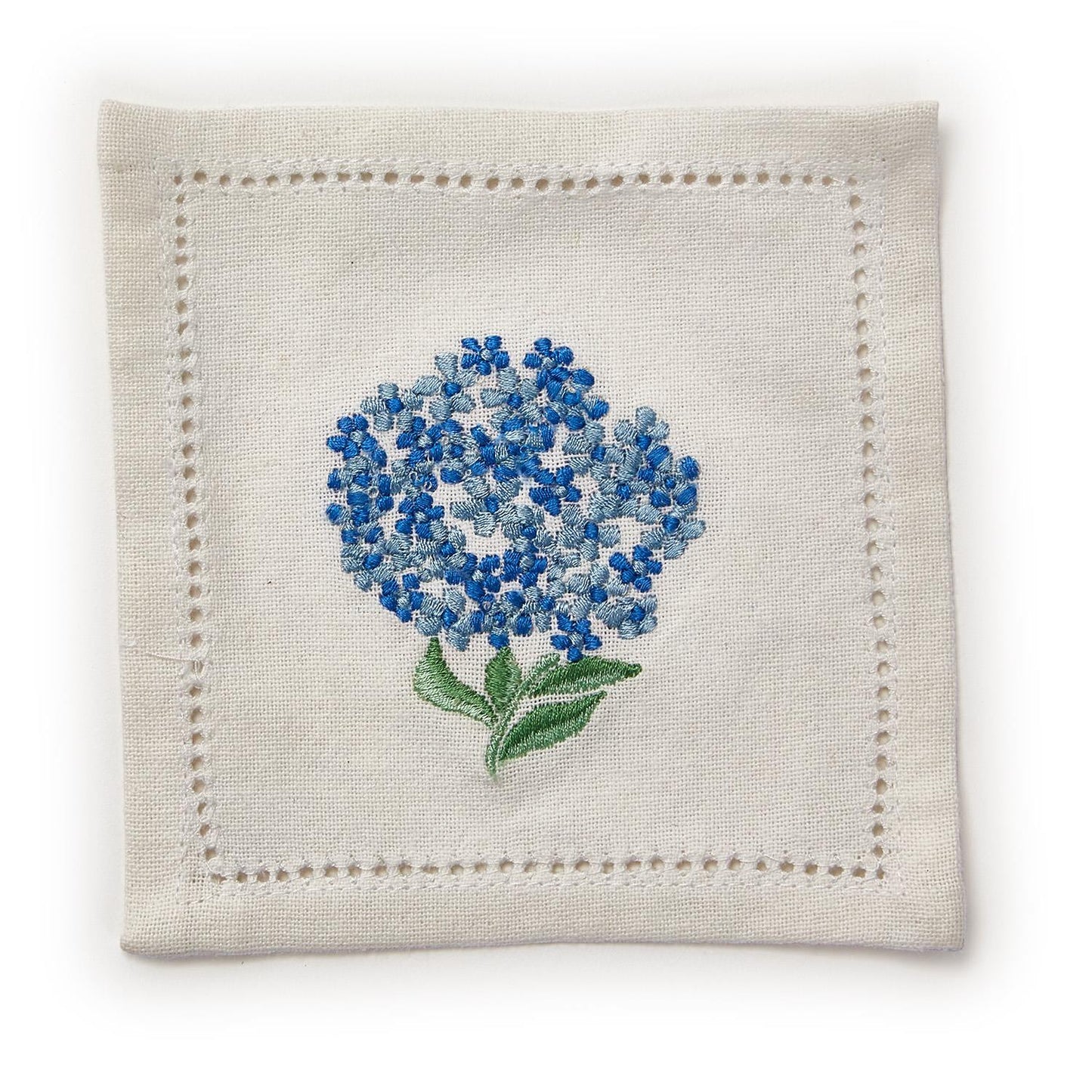 Hydrangea Set of 6 Hemstitch Cocktail Napkins with Hand Embroidered Details - Cotton